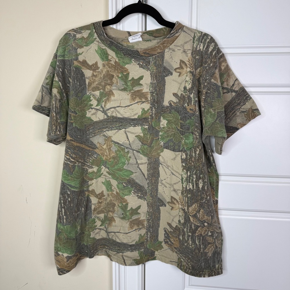 Vintage Realtree Camo Pocket T-Shirt Mens L Green Brown USA Made Single Stitch